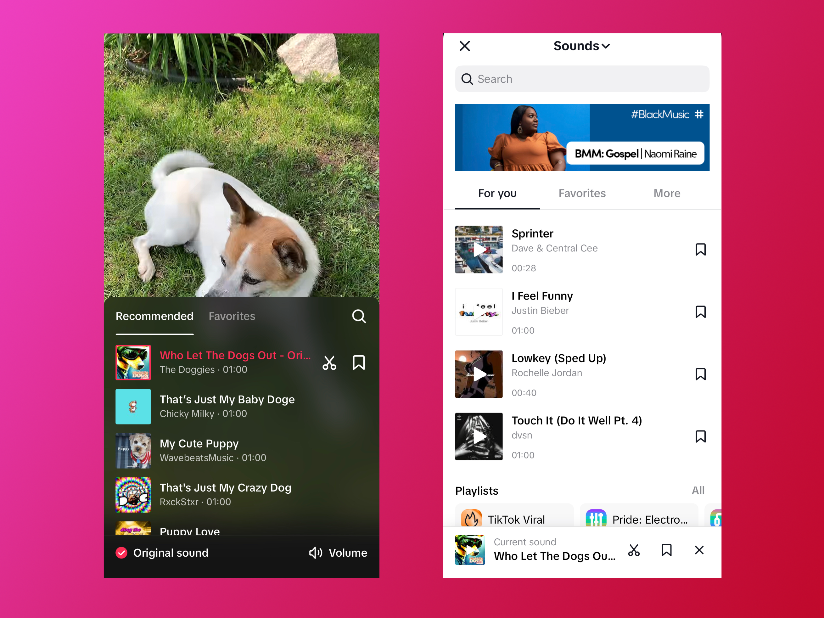 Side by side mobile version of the TikTok UI showing content creation tools