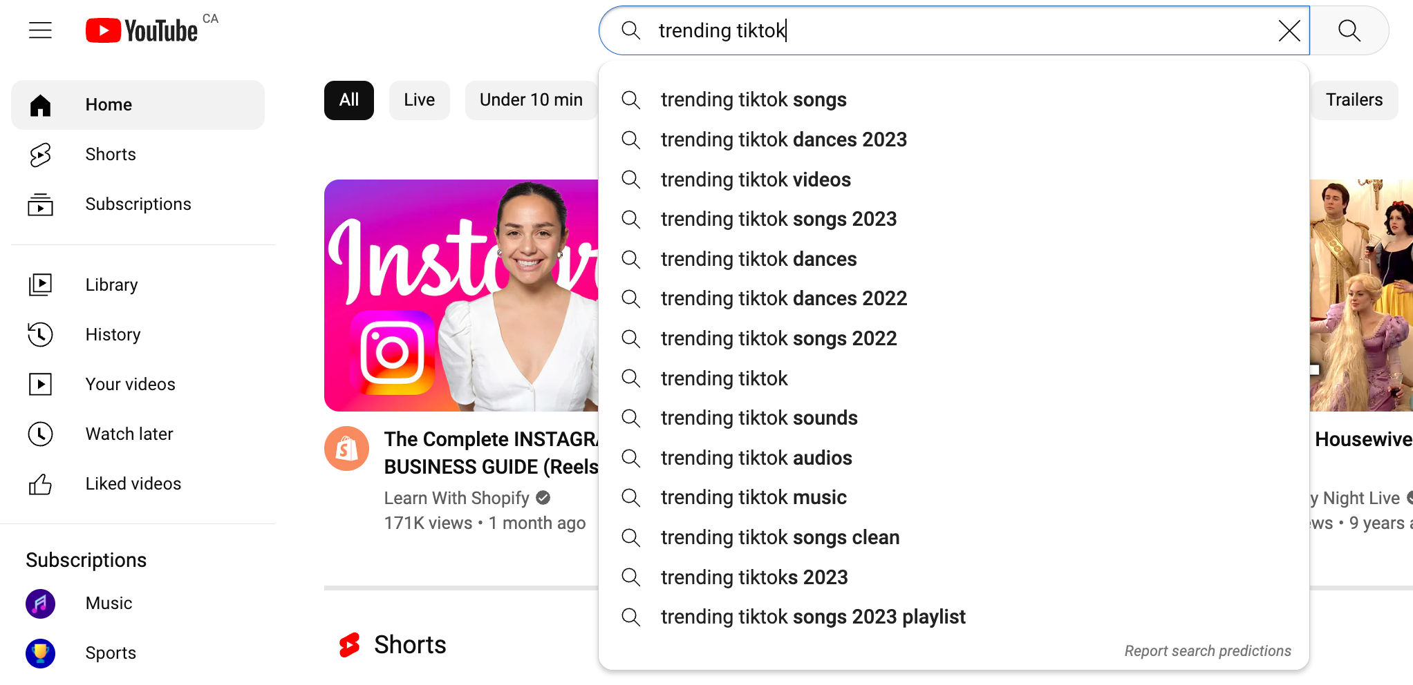 A screengrab of the YouTube UI showing trending TikTok sound search suggestions