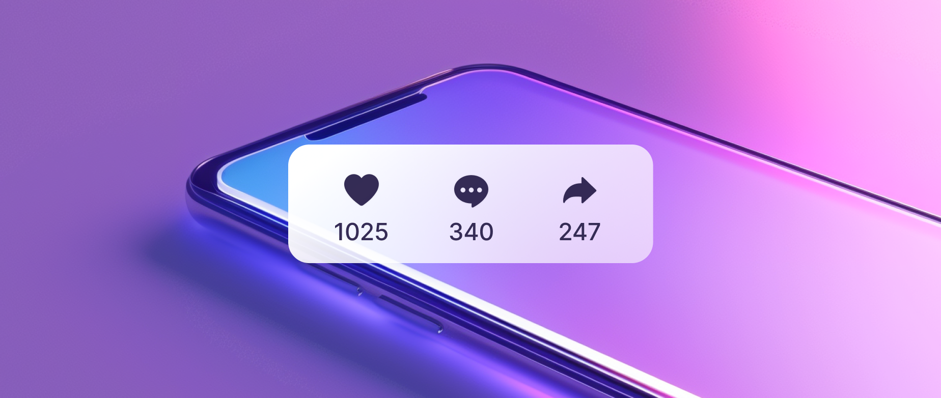 A smartphone with a like, comment, forward icon on a purple background.