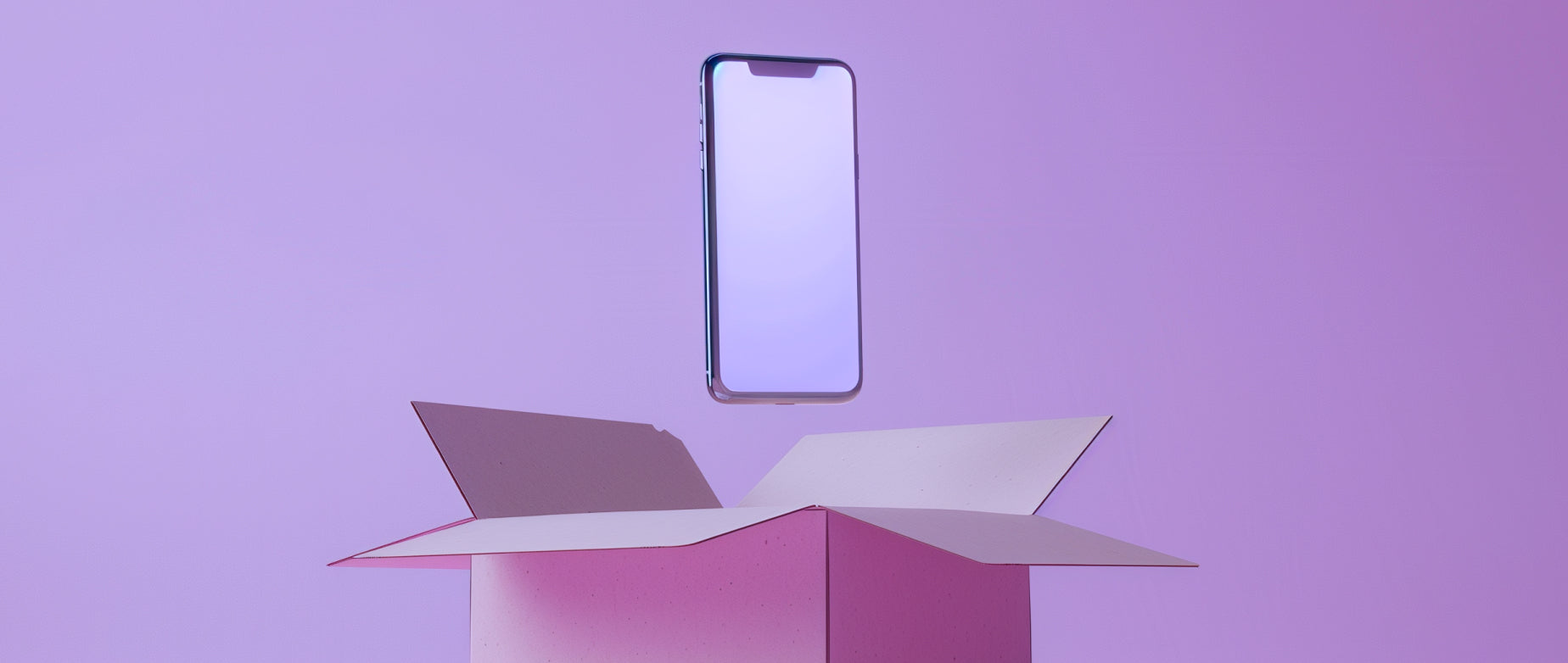 An open shipping box with a smartphone suspended over it on a purple background.