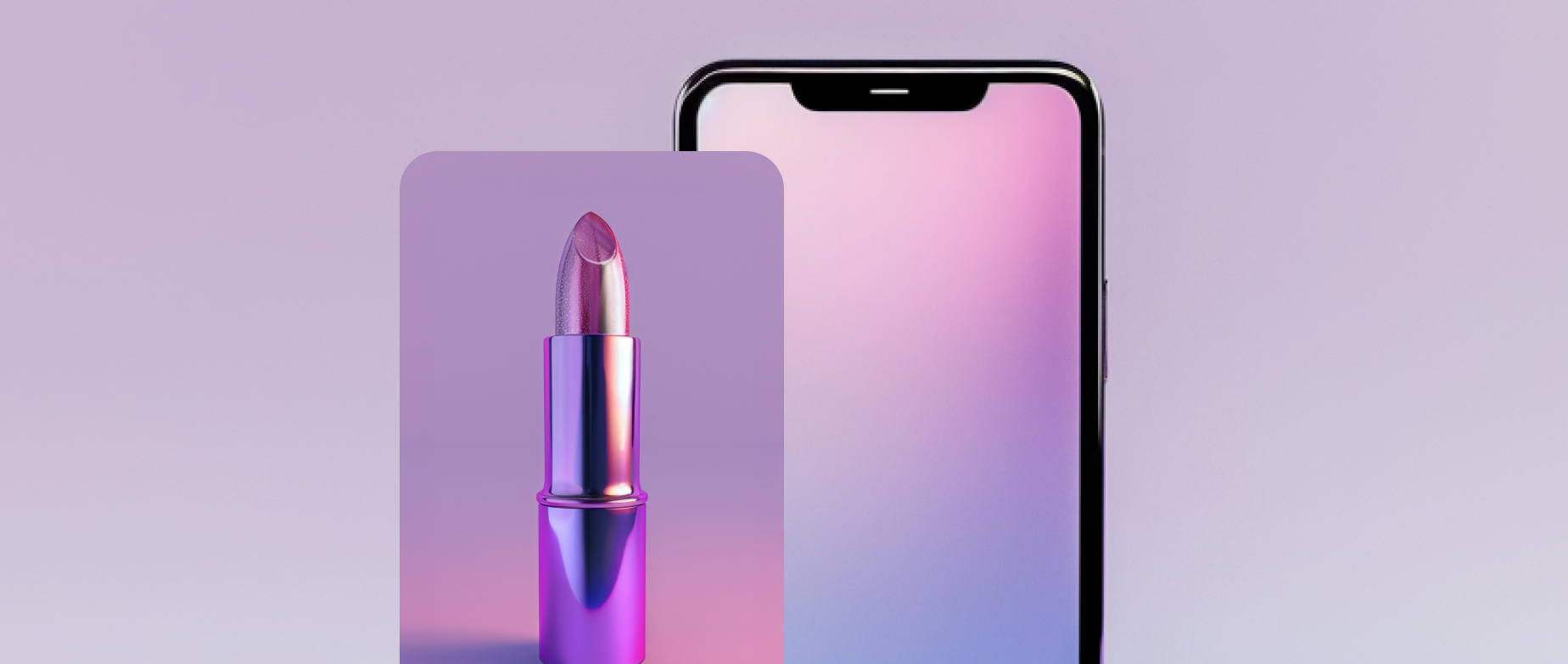 A phone screen with a panel displaying lipstick on a light purple background.