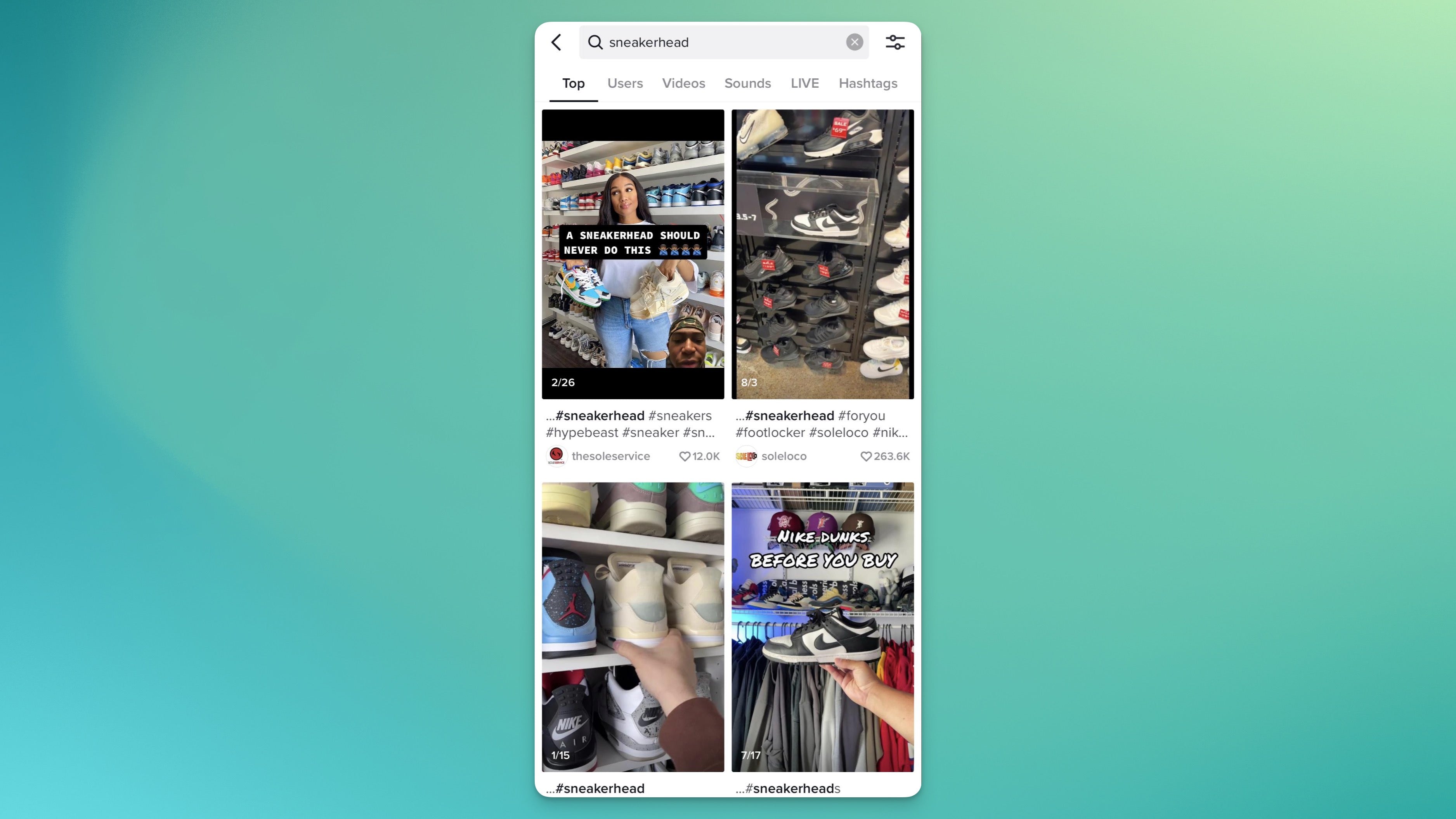 Image of the top results for #sneakerheads hashtag on TikTok