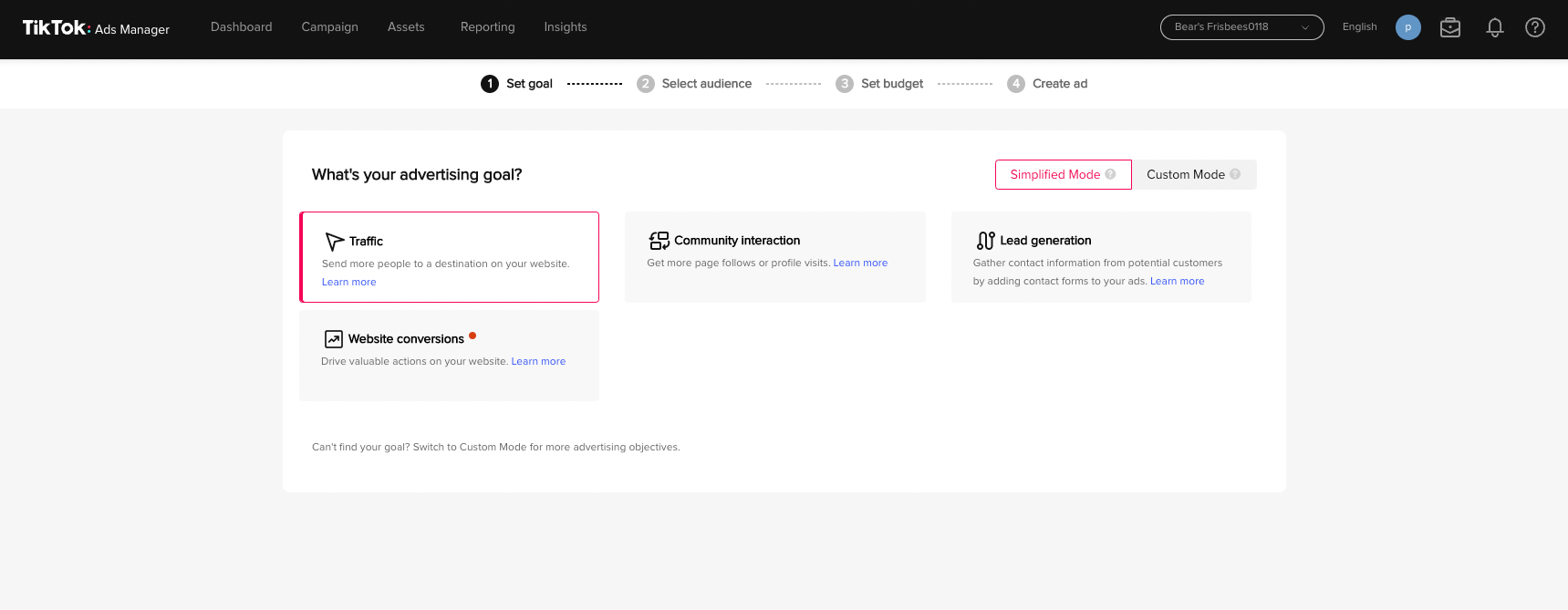 Selecting an advertising goal when creating a TikTok ad