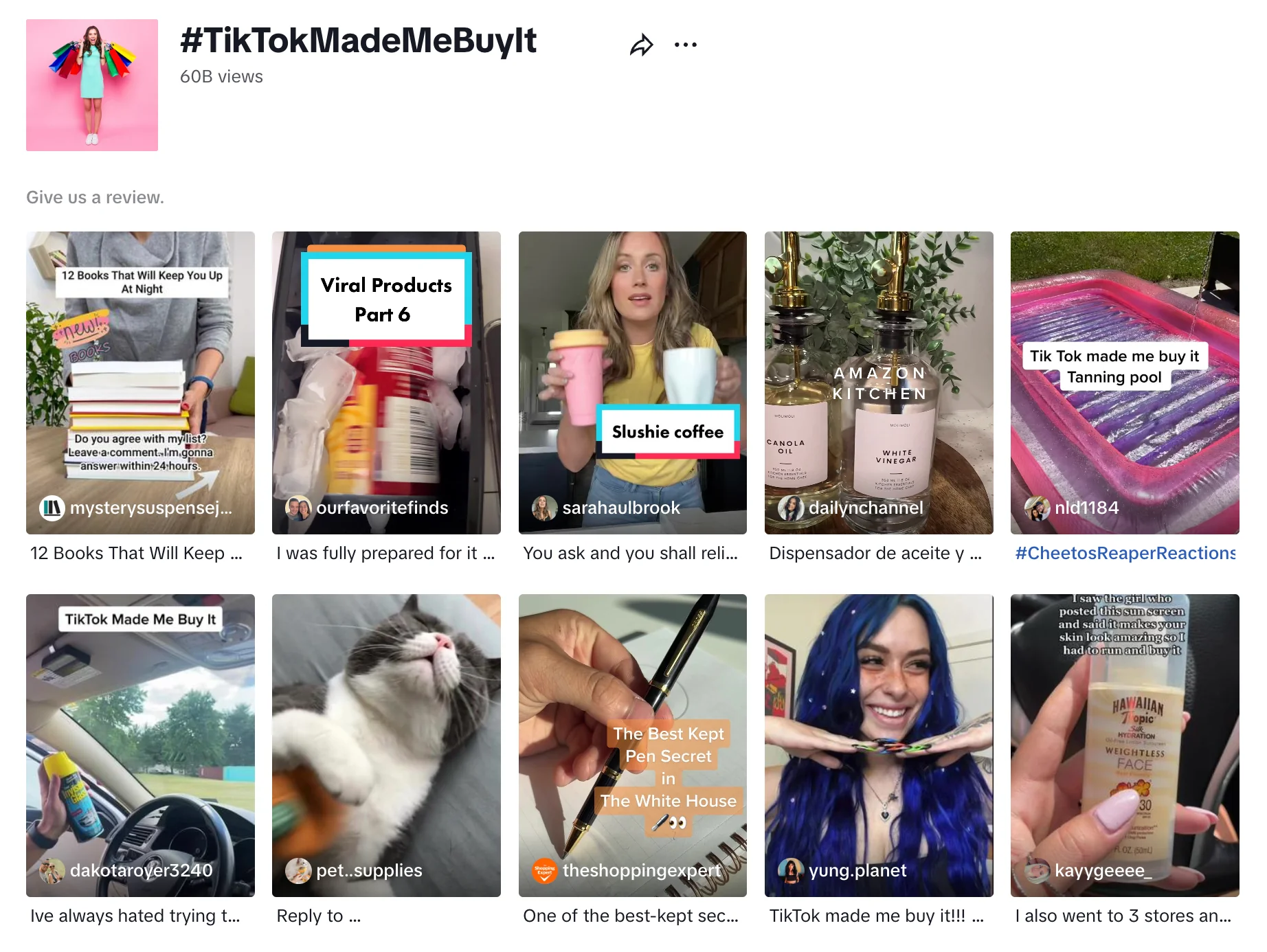 TikTok view showing search results for hashtag #tiktokmademebuyit