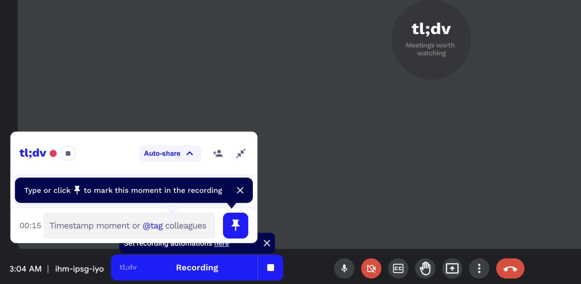 tl;dv recording interface with a timestamp and tagging feature for meetings.