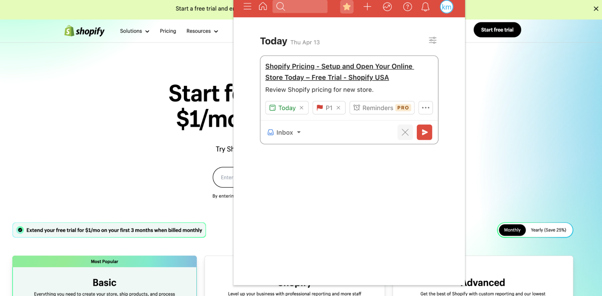 To-do list prioritizing Shopify pricing review, with pricing plan details on the Shopify site.