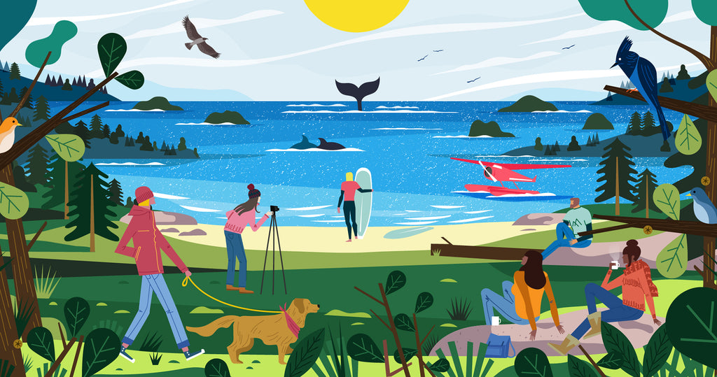 An illustration of Tofino, near the beach. On the far left, a man wearing a red beanie, red jacket, and jeans walks a brown dog with a red bandana around its neck. To his right is a woman in a red sweater and jeans, who sets up a shot with a camera on her tripod. A man in surfing gear stands with a surfboard in the center of the illustration. A man in a green shirt and jeans looks out to the water on the right. A pair of women, including one in a yellow shirt and jeans and the other in an orange shirt and jeans, drinks coffee on the far right.