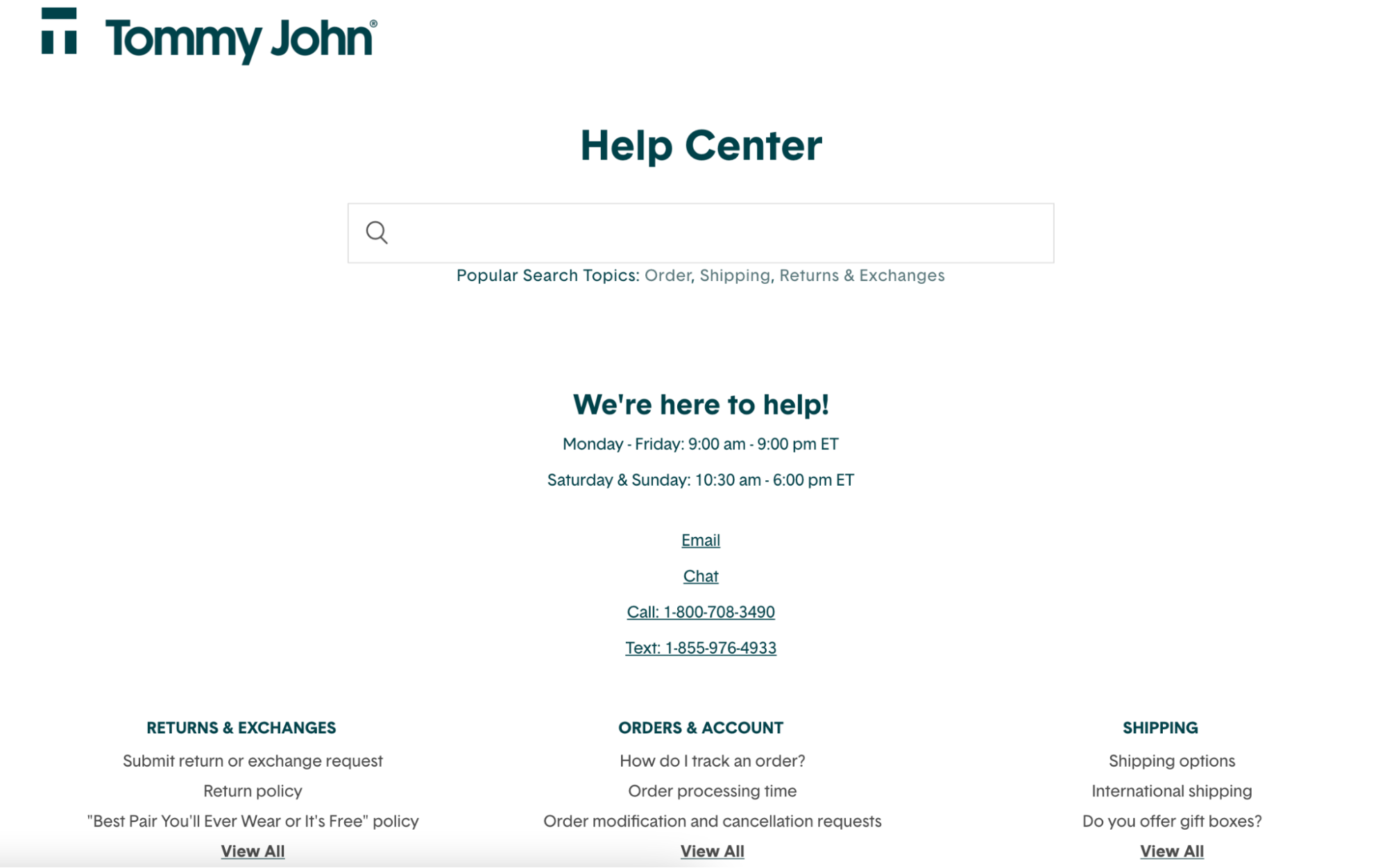 Image of Tommy John’s contact page with different options to get in touch.