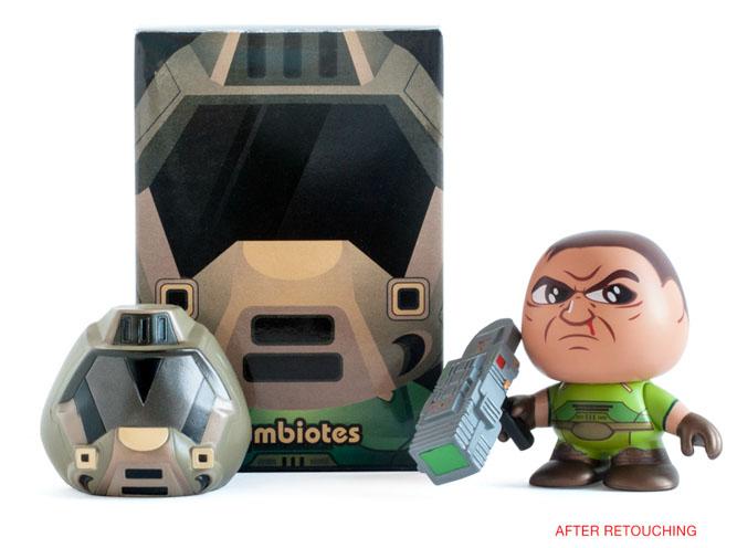 Toy figure with accessories and packaging box labeled ’Symbiotes’, after retouching.