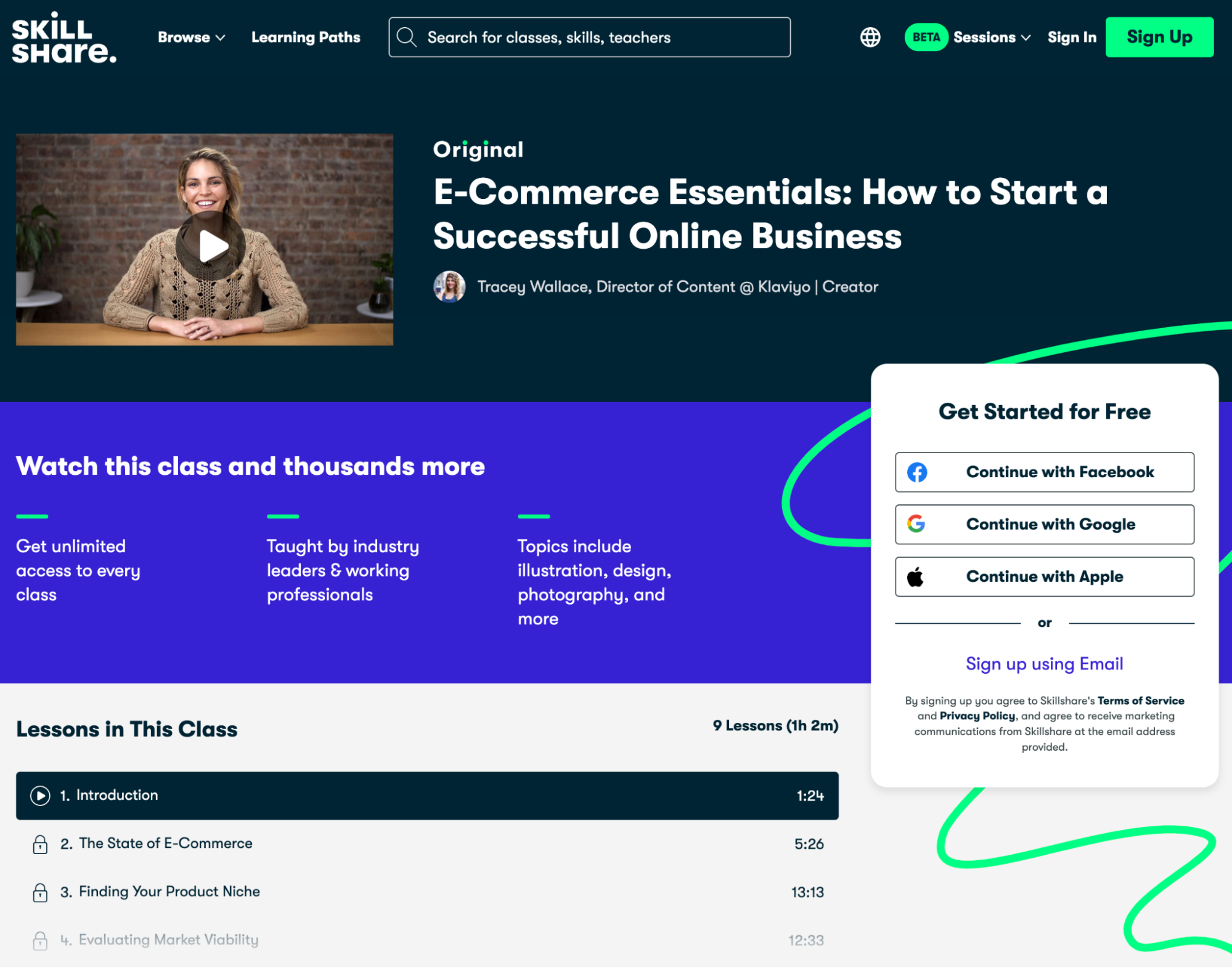 mage of E-Commerce Essentials ecommerce course homepage on Skillshare
