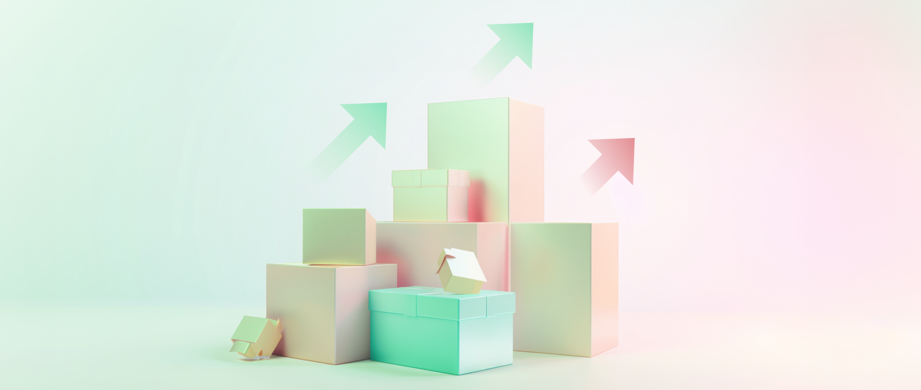 A stack of boxes with green and red arrows pointing diagonally up to the top of the image.