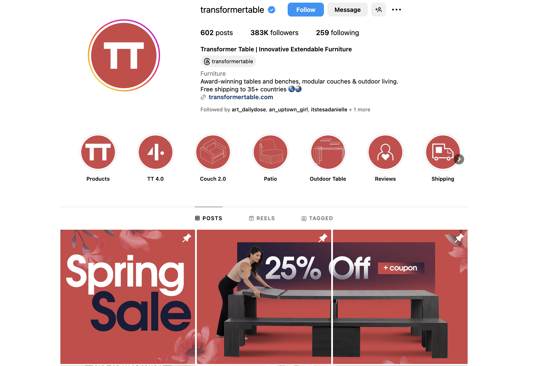 Transformer Table Instagram profile page with sales offer spanning the top of grid