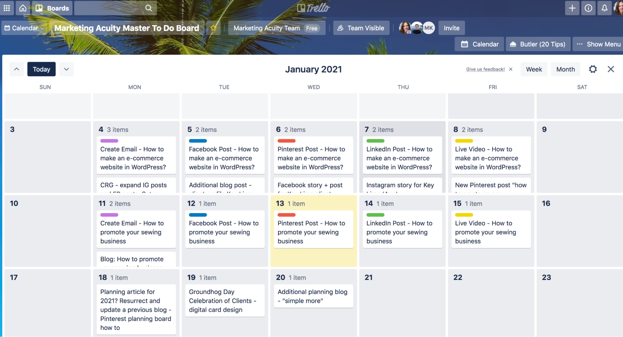 Trello’s monthly calendar view shows upcoming social media posts, post topic, and platform.
