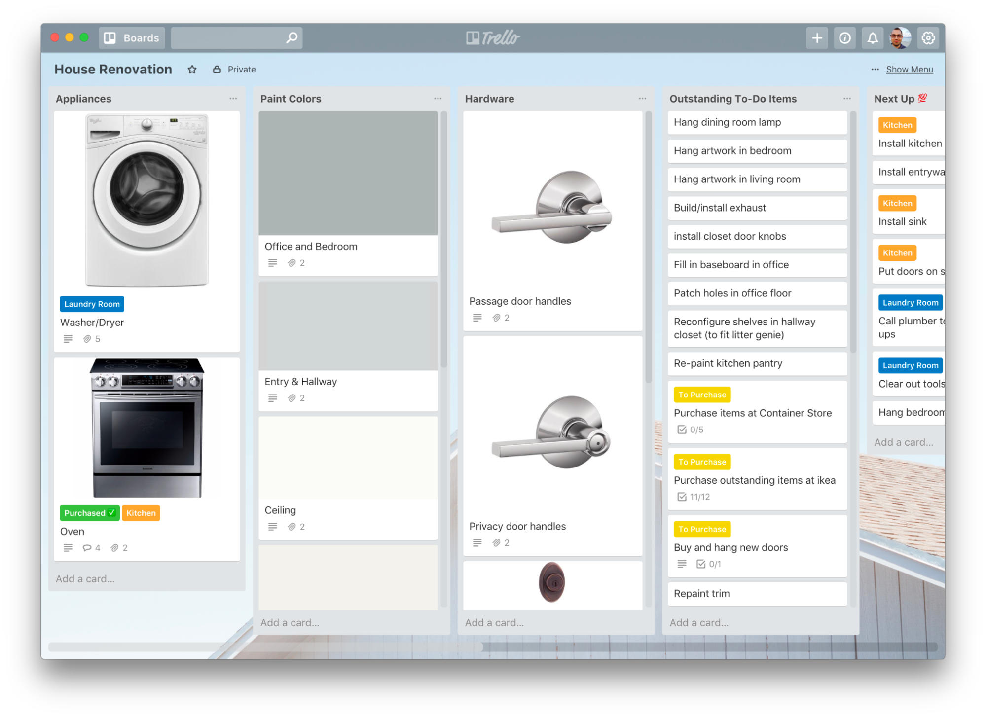 Image of Trello board project for home renovation