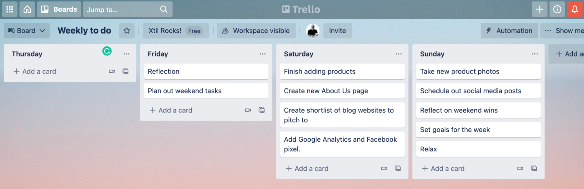 Image of a Trello board to do list for a side business