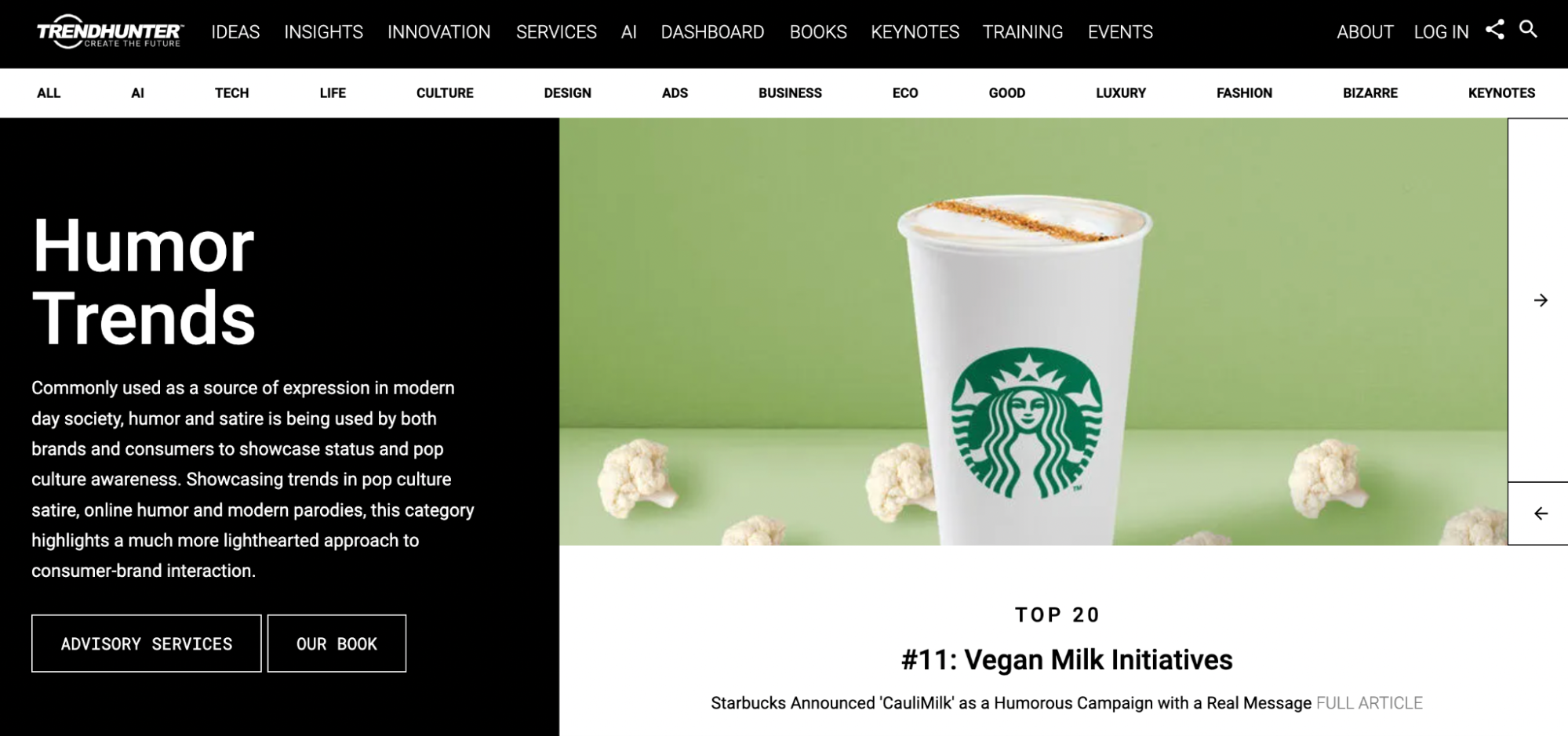 Screenshot of the “vegan milk initiatives” trend on Trend Hunter with an image of a Starbucks cup against a pale green background.