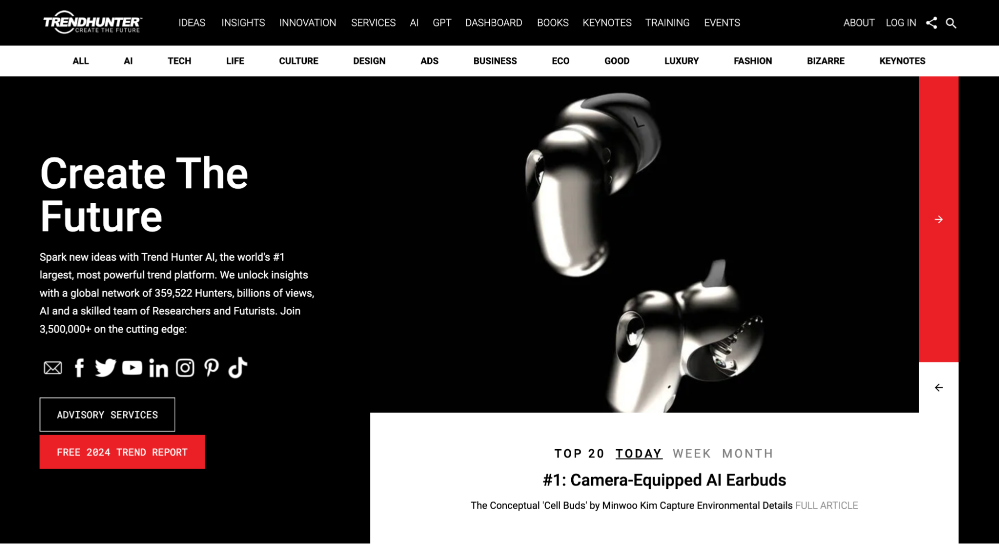 Trendhunter homepage promotes an article about AI earbuds, a recent trending product.