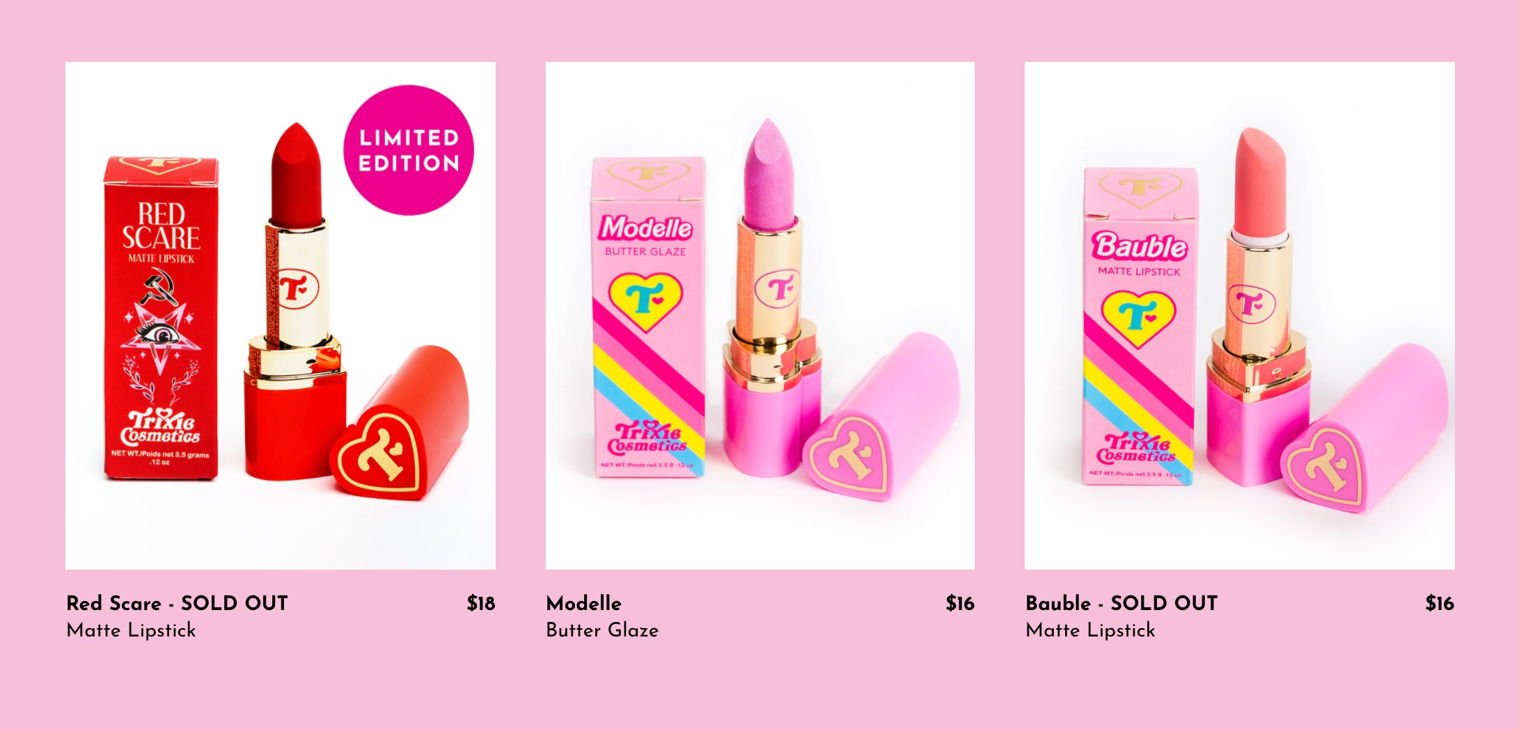 Screengrab of homepage of Trixie Mattel's cosmetic line online store