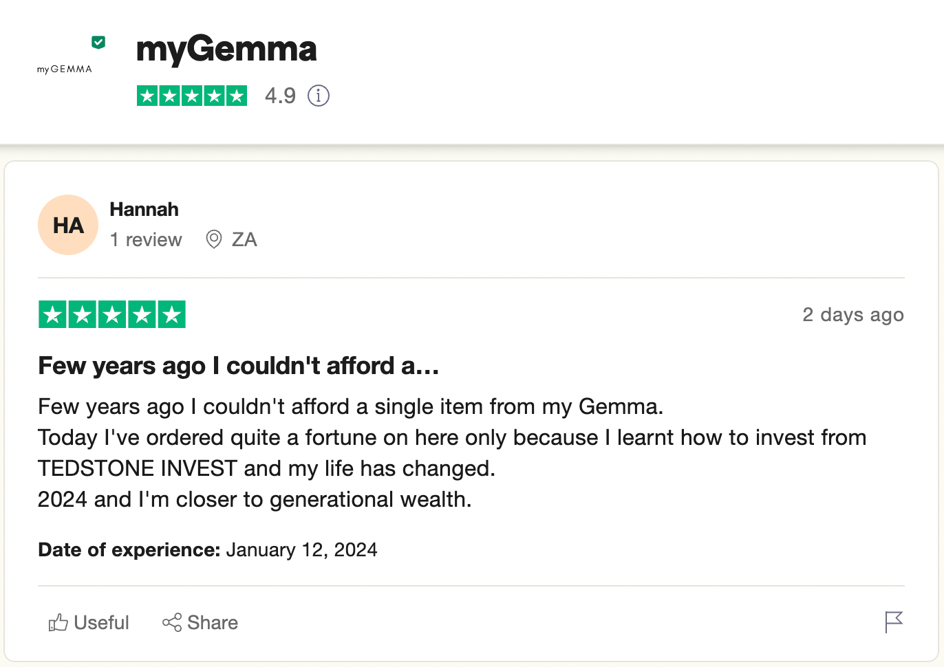 A review left on Trustpilot for jewelry brand myGemma.