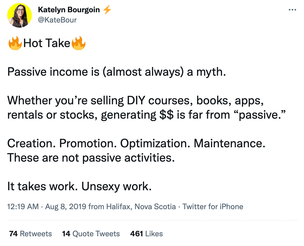 A post from X (formerly twitter) arguing that passive income requires effort.