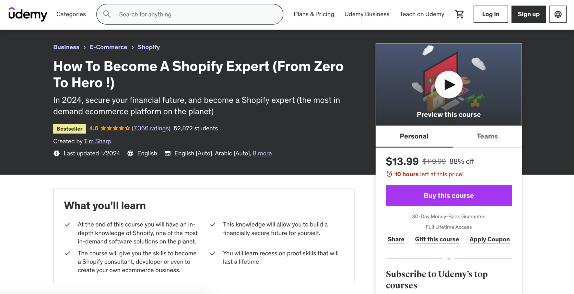 Image of Tim Sharp’s ecommerce course landing page