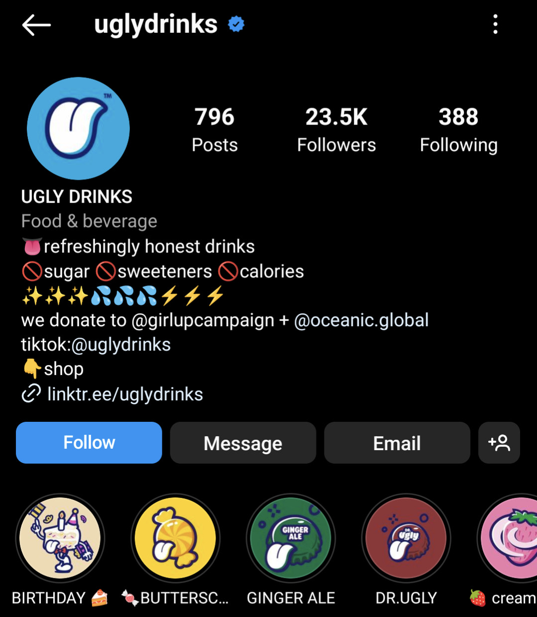 screenshot of Ugly Drinks Instagram bio