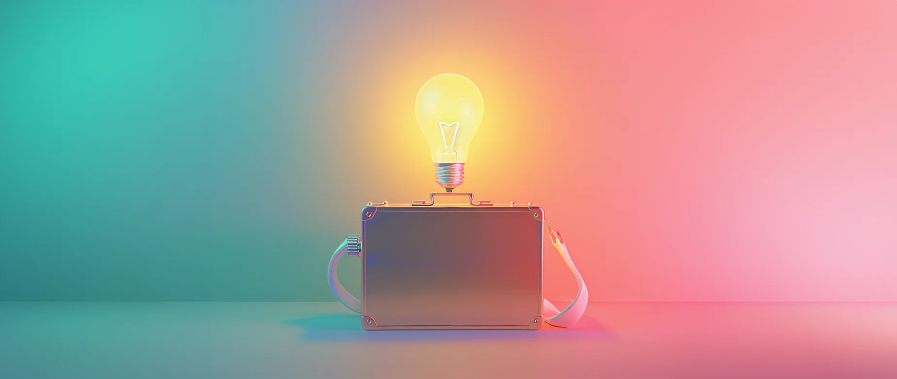 A silver briefcase with an illuminated lightbulb above it on a half blue, half pink background.