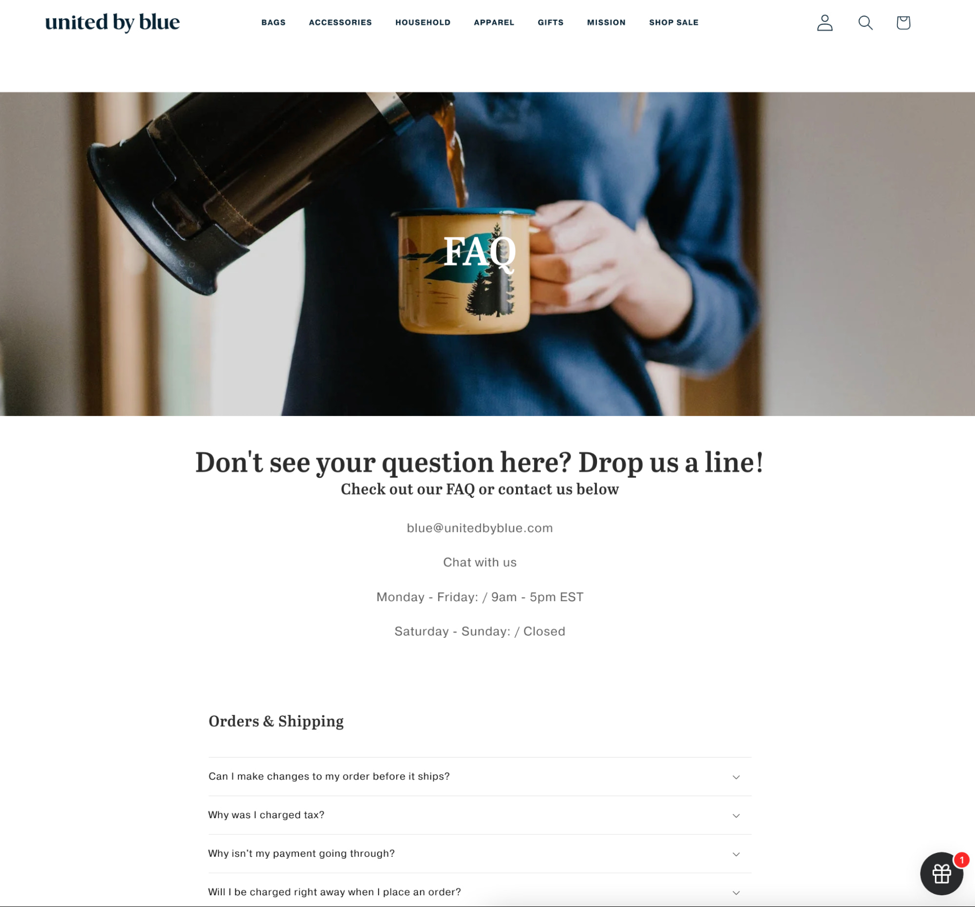 United by Blue’s FAQ page with contact details and information on tax, order changes, and payment