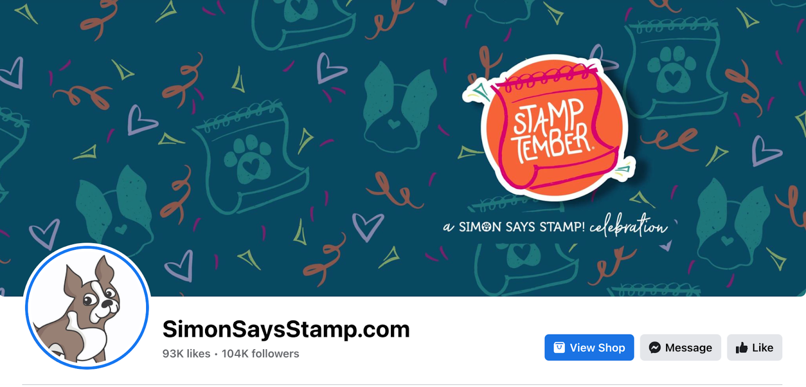 simonsaysstamp.com cover photo for facebook with dog foot prints, hearts, and dog outlines and a badge that says “stamp tember”