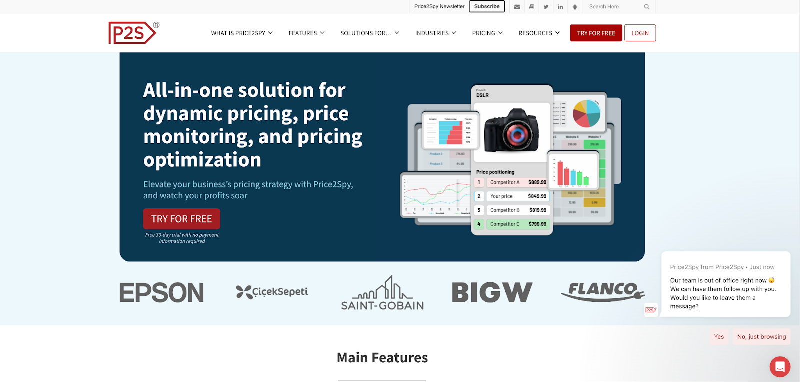 Price2Spy homepage with list of clients including Epson, BigW and Saint-Gobain.