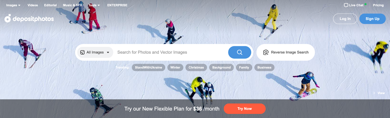 Depositphotos screengrab featuring skiers and snowboarders.