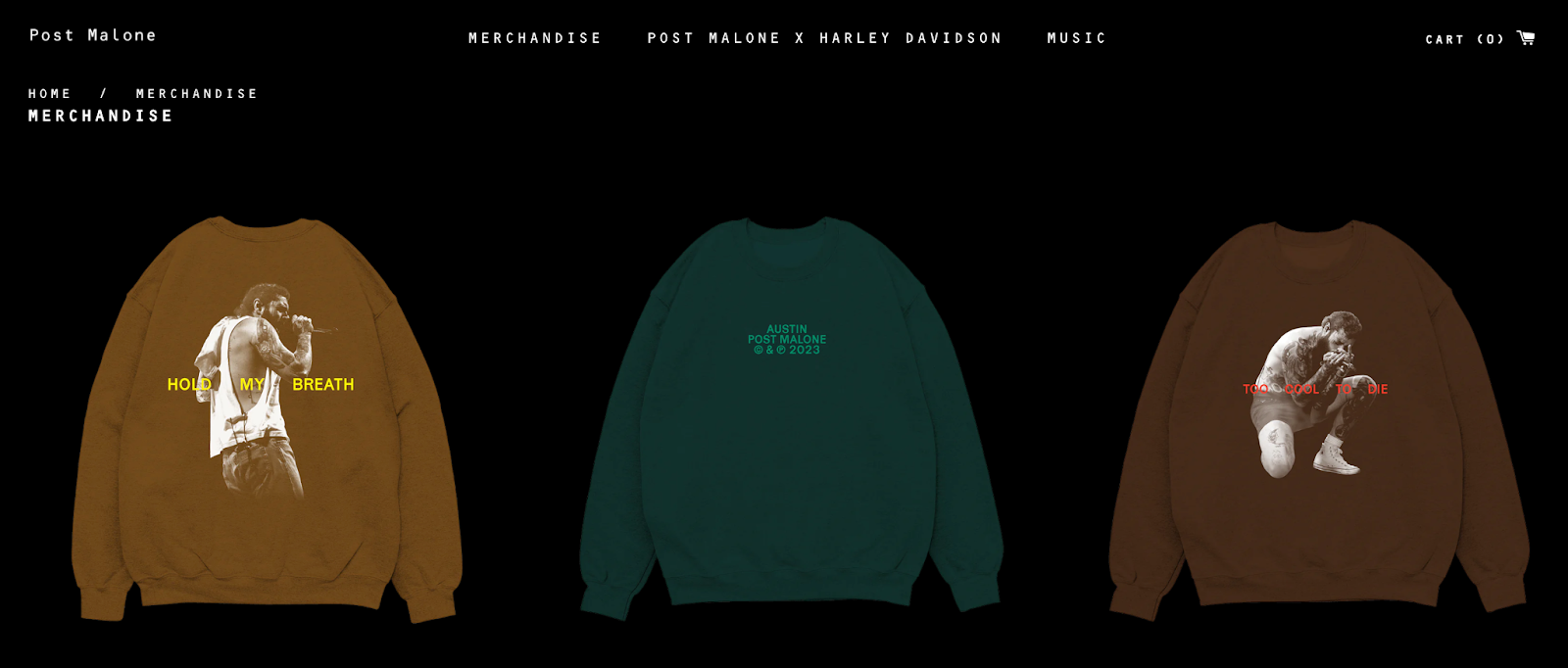 Post Malone makes money as a musician with a merch store, with three sweaters available for preorder.