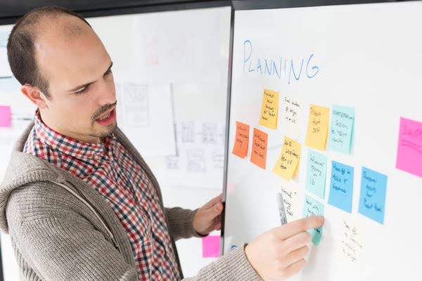 A man next to a whiteboard with sticky notes and planning written on the board.