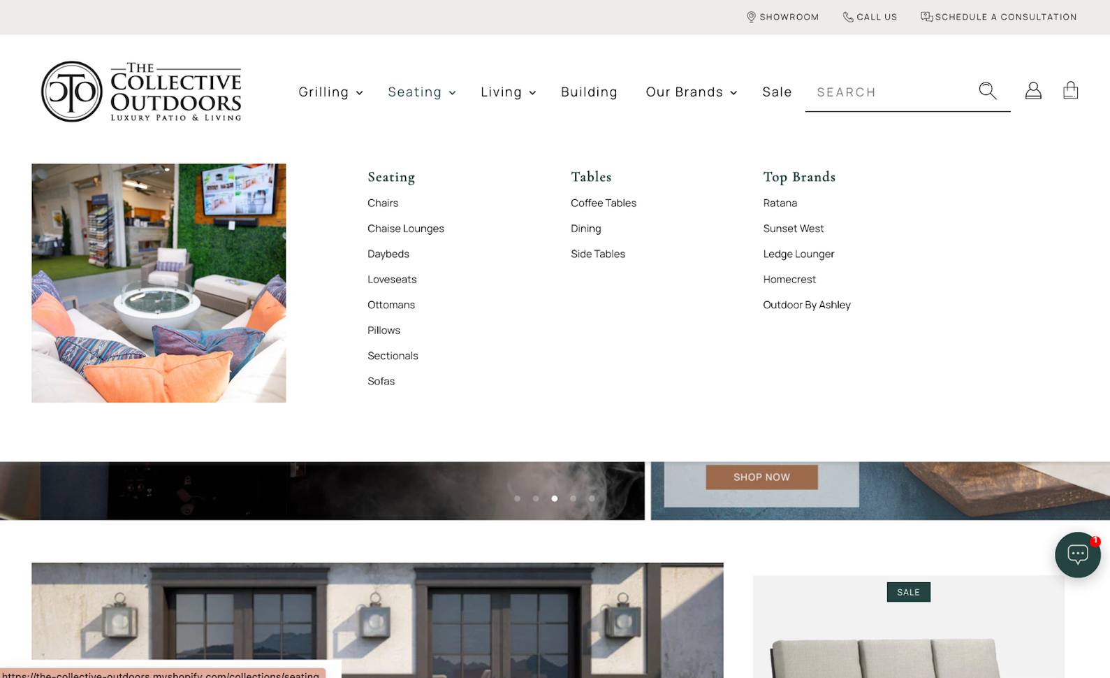 The Collective Outdoors home page with dropdown menus along with lifestyle product images.