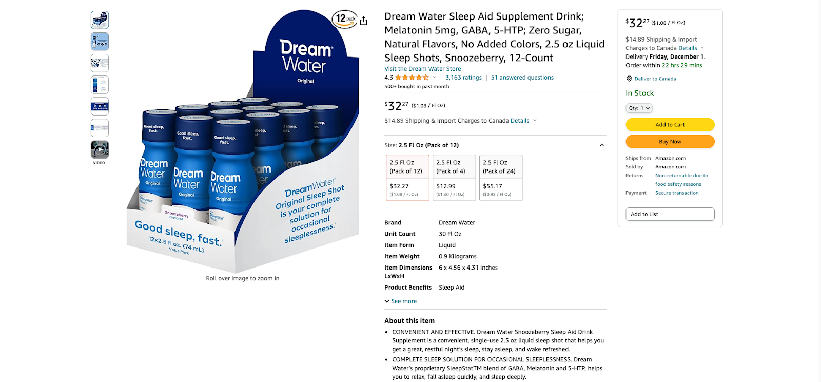 Dream Water sleep aid product page on Amazon with lots of details to optimize it for conversion