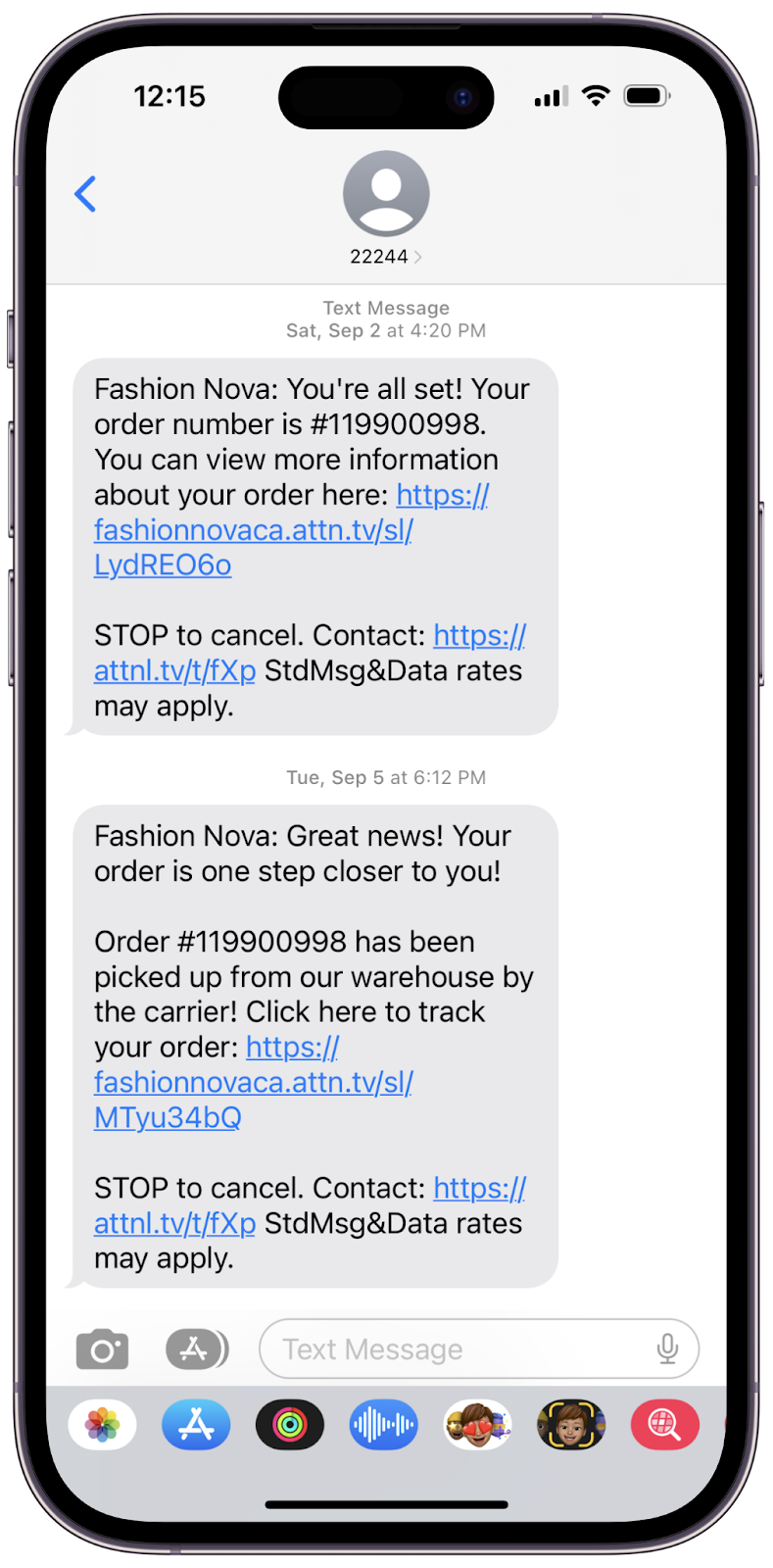 Example of Fashion Nova SMS shipping order notices on a smartphone screen