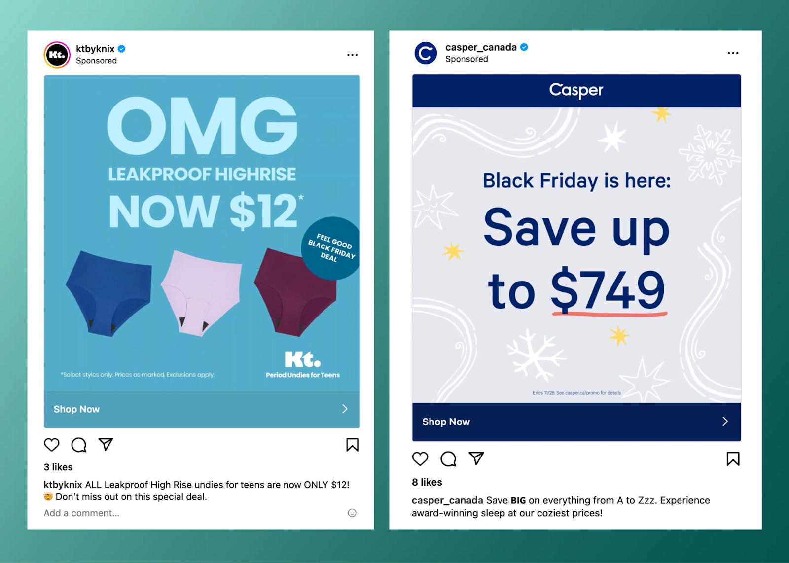 Snapshots of @ktbyknix and @casper_canada sponsored Instagram post ad campaigns promoting a sale on underwear and a Black Friday sale promo respectively