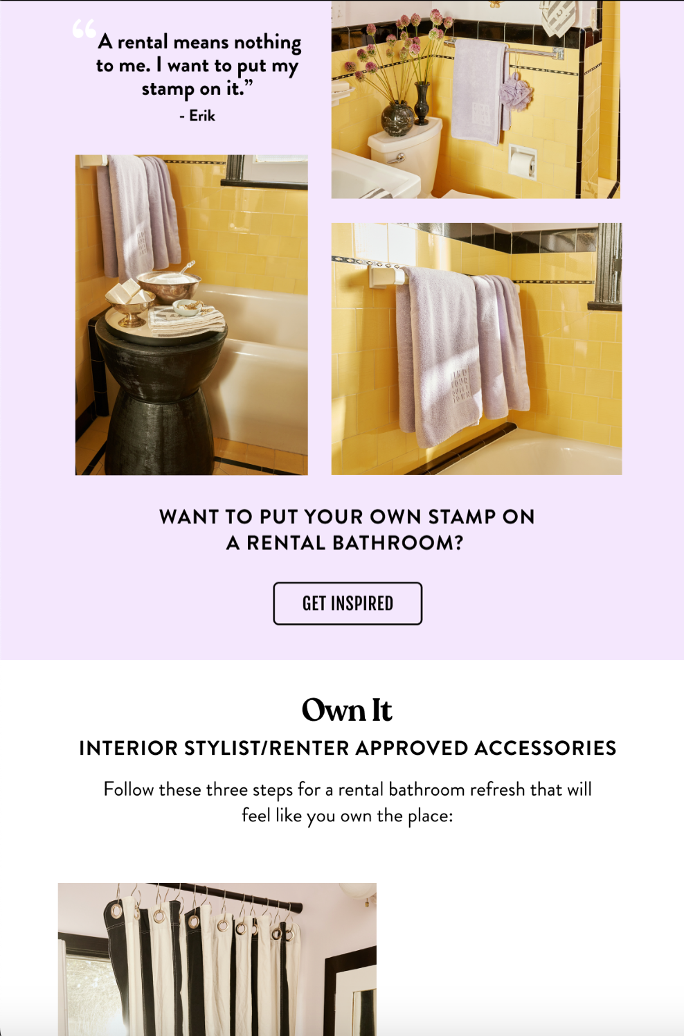 Quiet Town's marketing email shows images and text of the brand's goods modeled in a bathroom. Second Panel