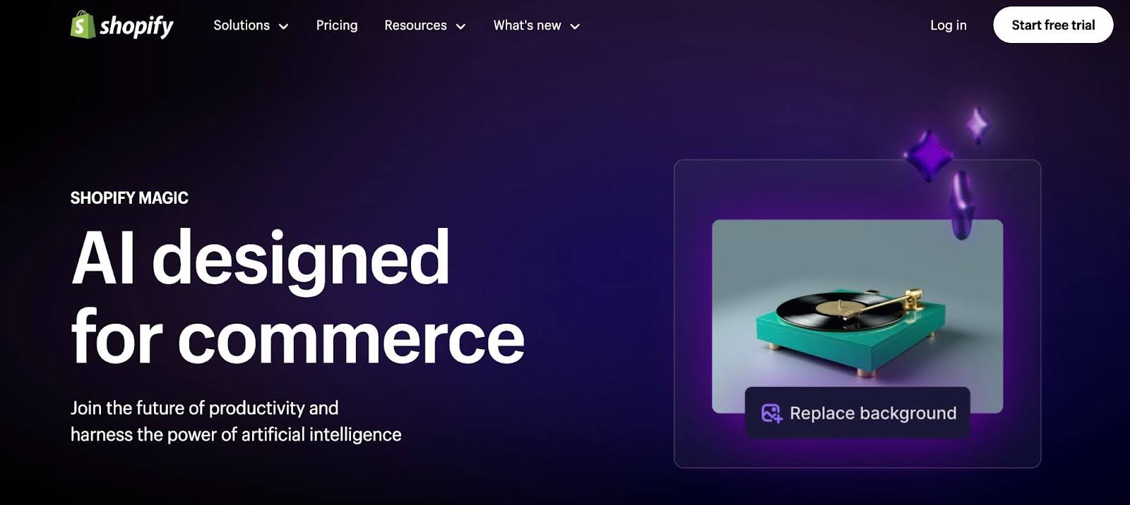 Shopify magic product page, with text “AI designed for commerce” on left and record player on right.