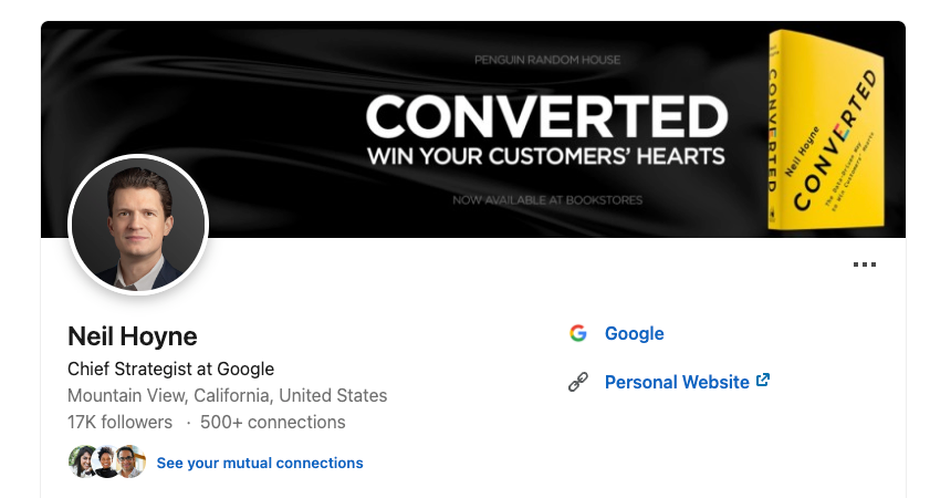 Neil Hoyne’s Linkedin profile showing their photo and his book.