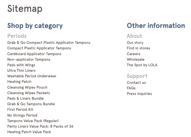 LOLA sitemap that shows pages under "shop by category" and "other information"