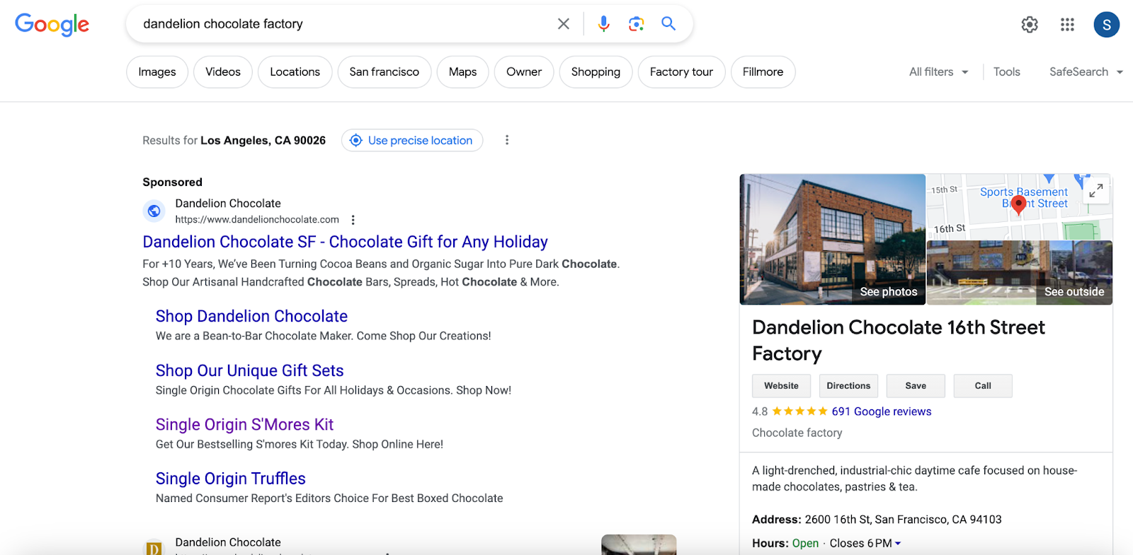 Google SERP for the term, "dandelion chocolate factory"