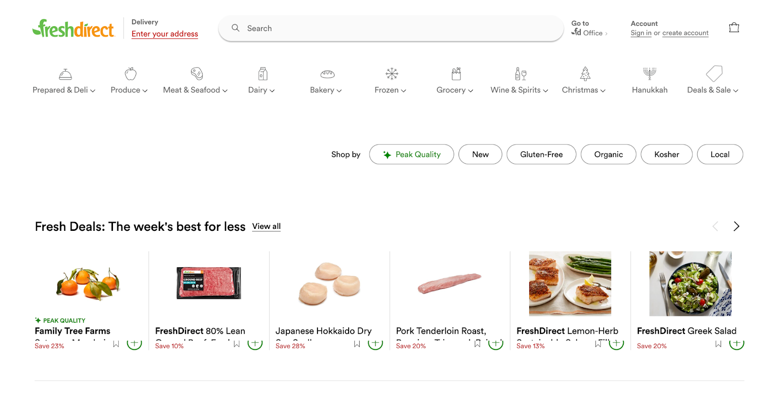 FreshDirect web page with categories and Fresh Deals: The week's best for less.