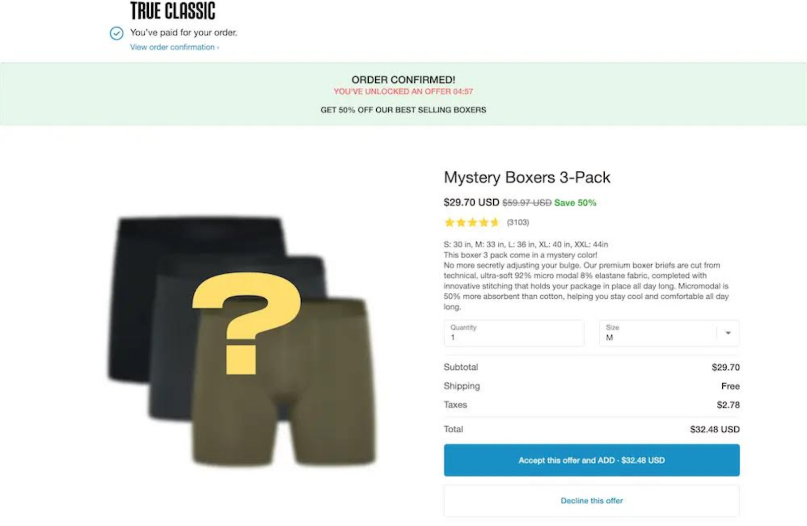 True Classic order confirmation page with information on a mystery underwear set and a blurry image of boxers.