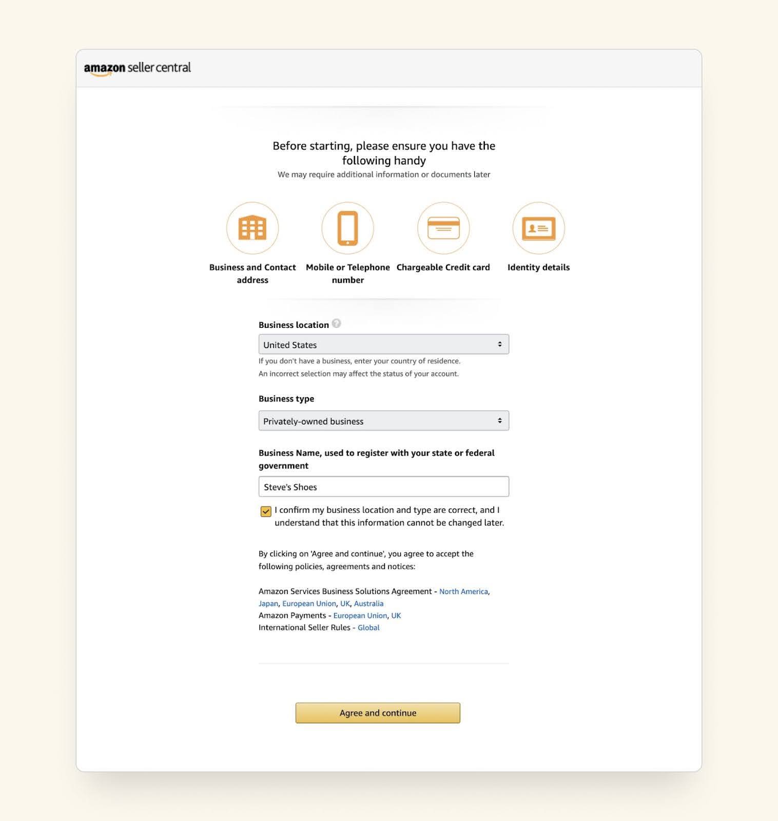 Amazon seller central sign up form with business type, etc... and agree and continue button.