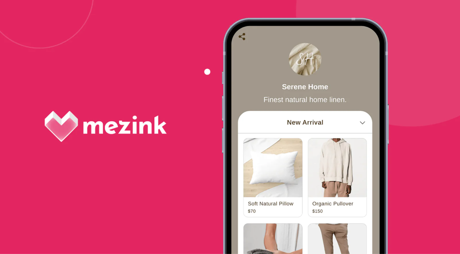 Linktree alternative, Mezink on a phone showing linen items for sale like pillows and sweaters.