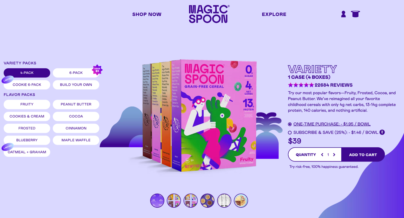 Magic Spoon product page featuring variety of 4 cereal boxes