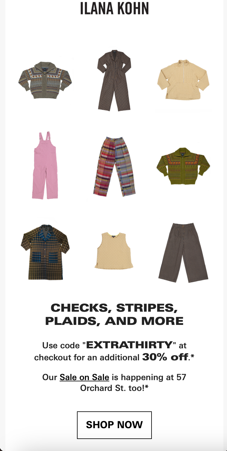 A discount email from clothing brand Ilana Kohn includes images nine articles of clothing.