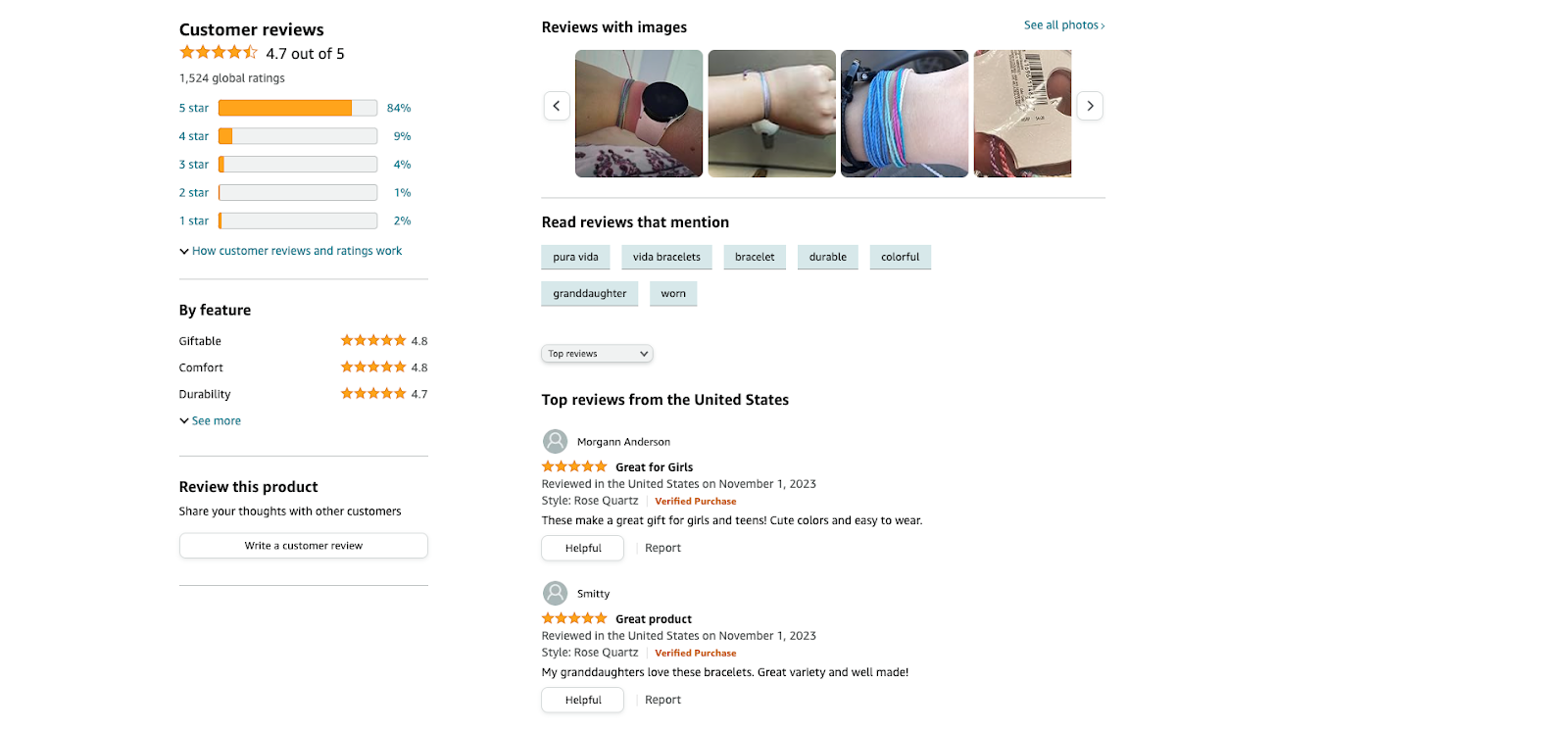Customer reviews including pictures and five star ratings for Pure Vida bracelets on Amazon