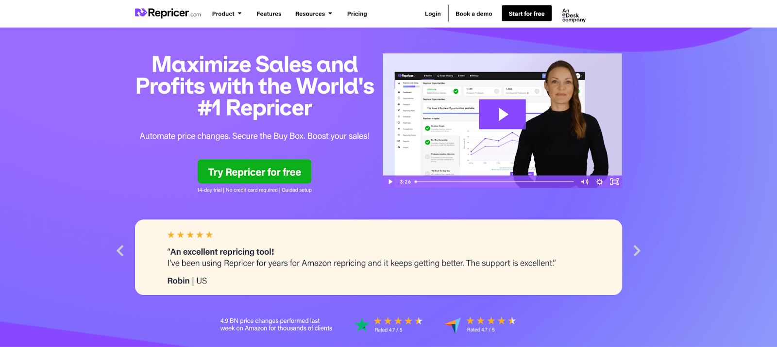 Repricer homepage with free trial and quotes from happy customers.